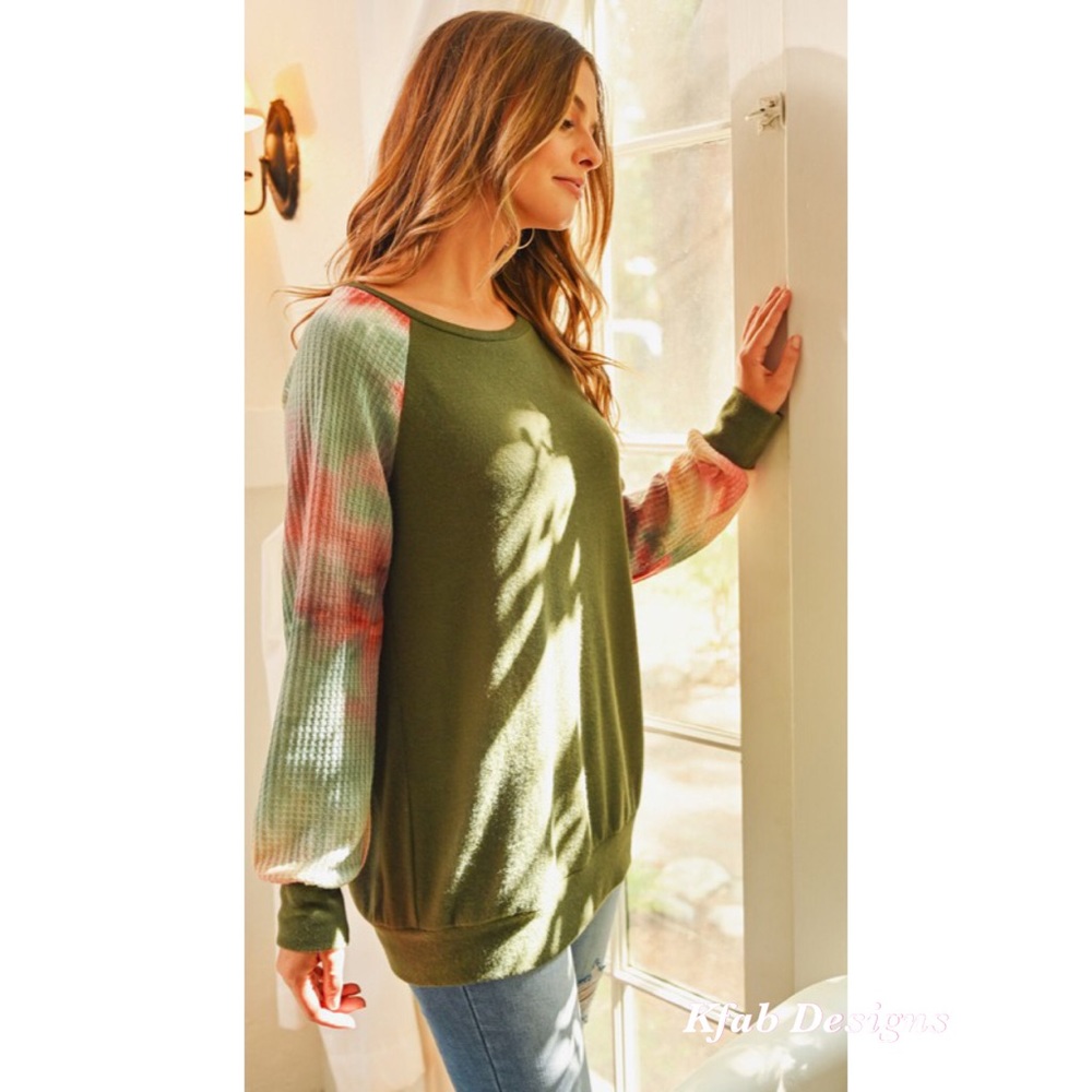 ❤️LAST! Waffle Knit Tie Dye Sleeve Brushed Top! - Picture 5 of 6